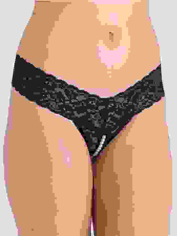 Lovehoney Crotchless Pearl Thong, Black, hi-res